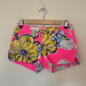 Lilly Pulitzer Pink Yellow Floral Textured Adie Shorts Sz 0 Resort Preppy Beach